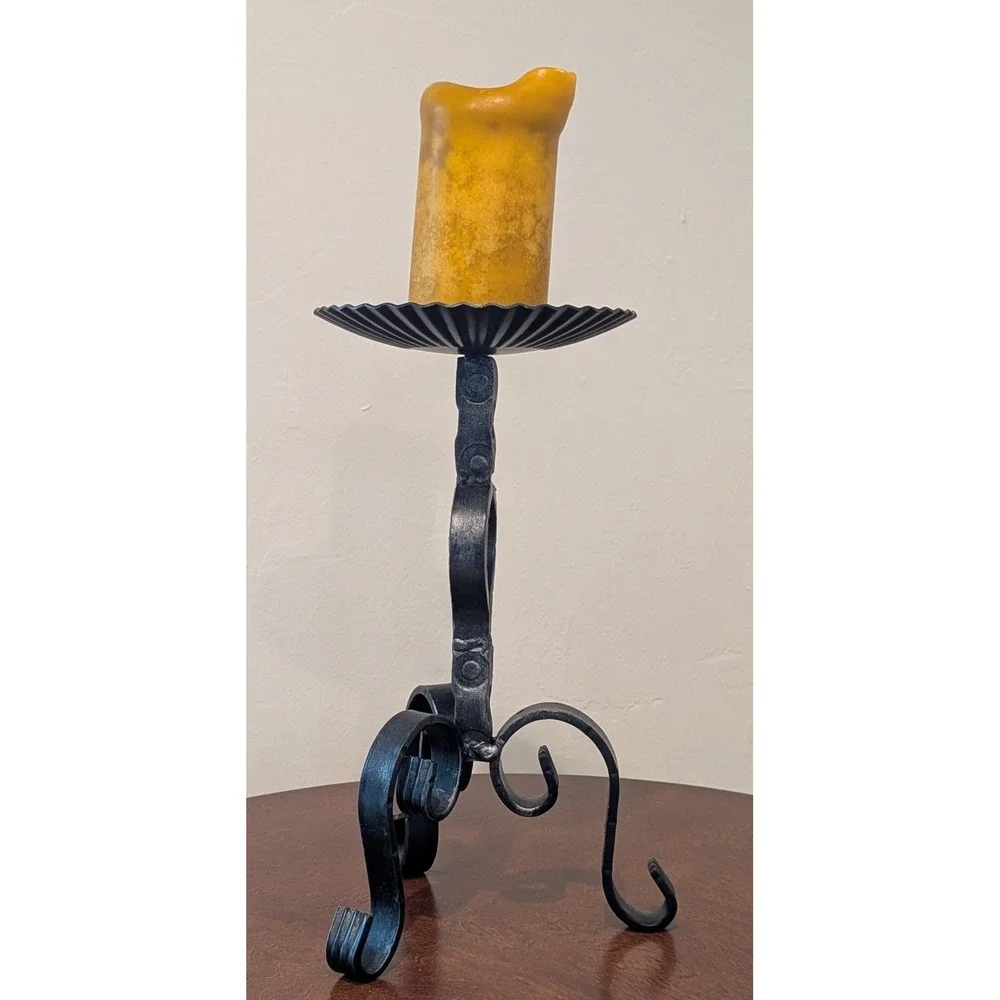 VTG Hand-Forged Black Iron Candle Holder Substantial Weight Scroll Design 13